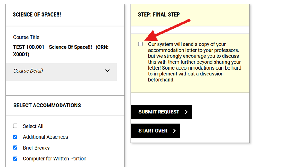 Screenshot showing course with selected accommodations on the left and a shaded box on the right. A red arrow points to the checkbox in the shaded box.