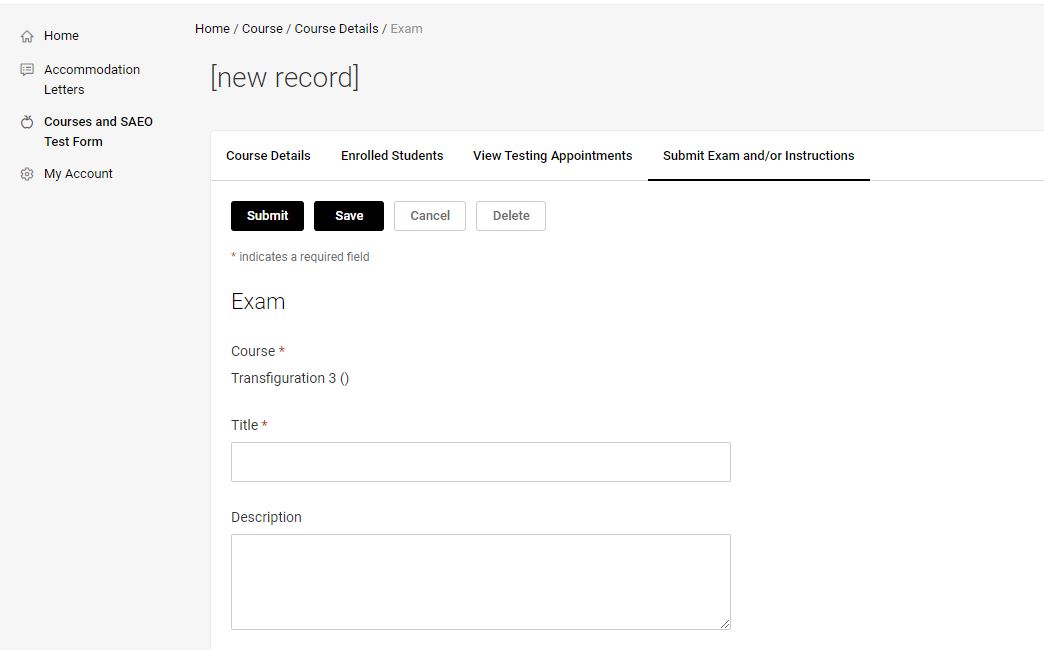 Exam submission page with an optional description text box at the bottom