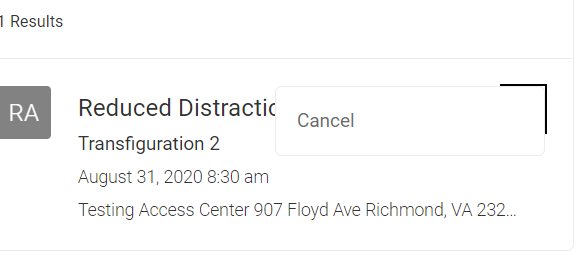 Time, date, and location for test with a button to 'Cancel' the appointment