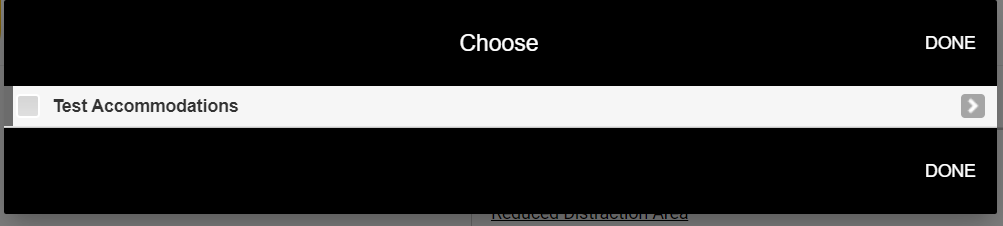 Box where you can select 'Test Accommodations