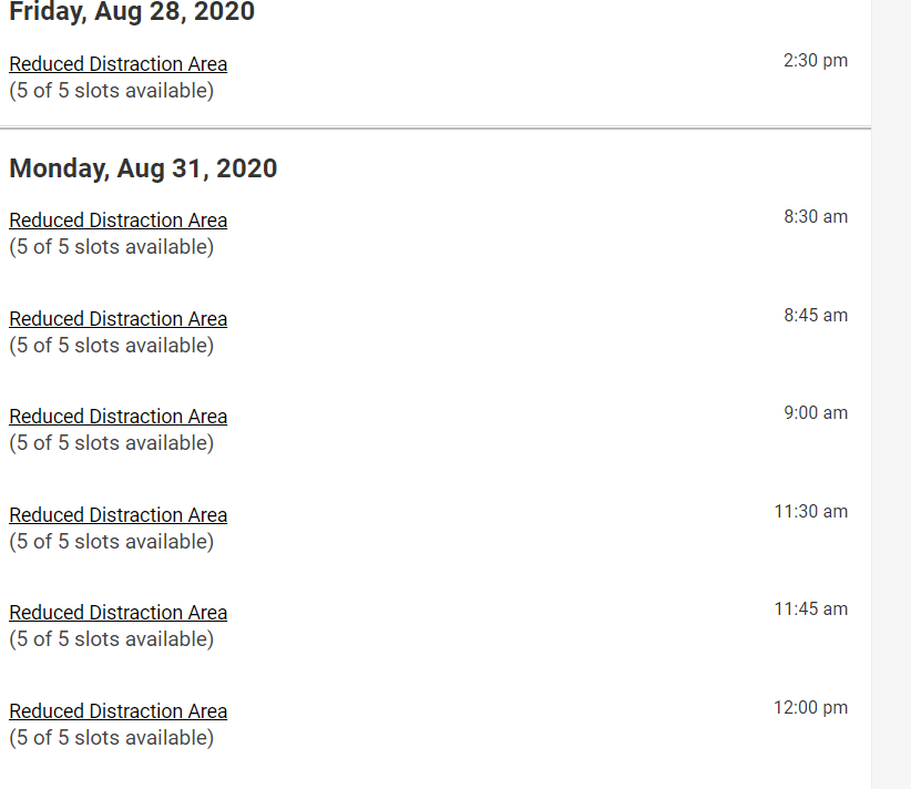 Lists of a day of the week and time to select to schedule your test.