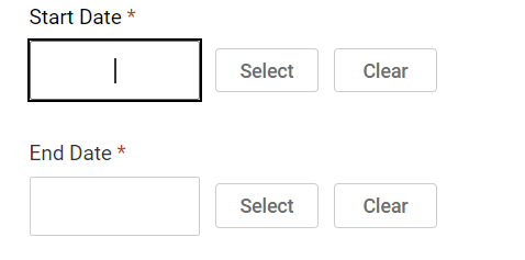 At the top there is a box to enter in a start date and below that there is a box to enter in and end date. To the left of the start and end date boxes there are two buttons a 'Select' button and a 'Clear' Button.