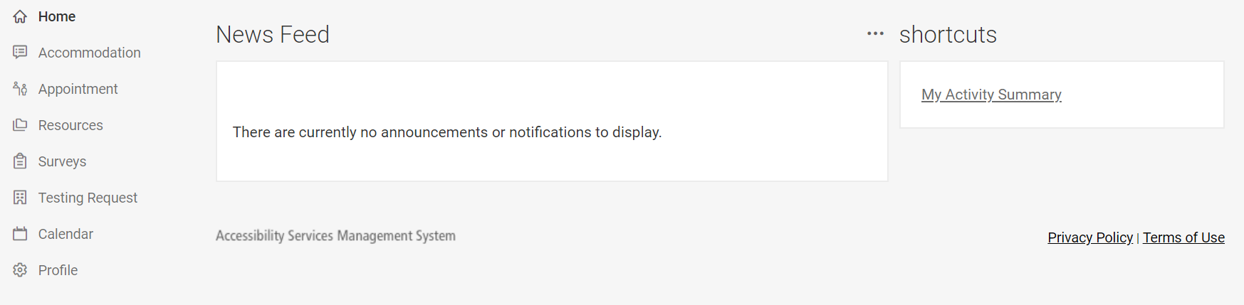 Home page with Testing Request tab on the left hand side