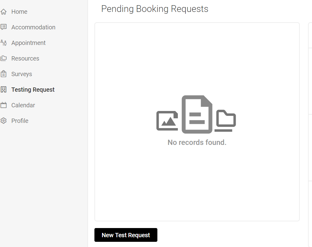 Home page that shows a button at the bottom called New Test Request