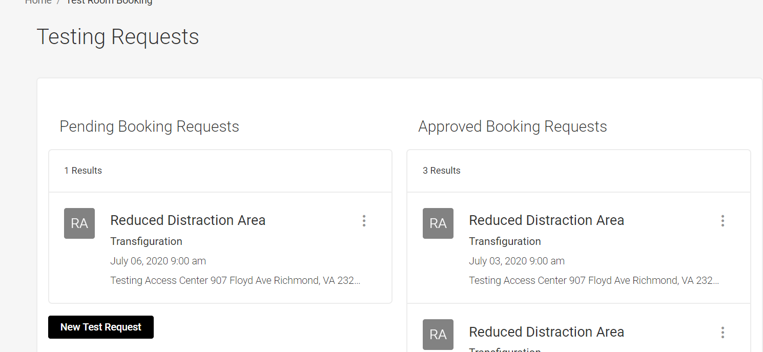 On the left hand side all of your pending scheduled tests will appear on the right hand side all of your approved scheduled tests will appear.